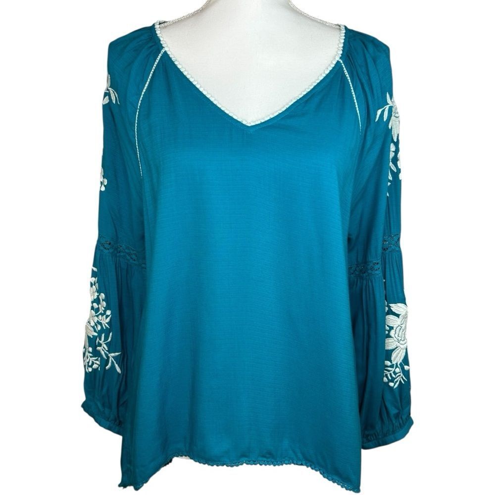 Sundance Naomi Isles Embroidered Boho Peasant Blouse Teal Blue PM Petite‎ Medium